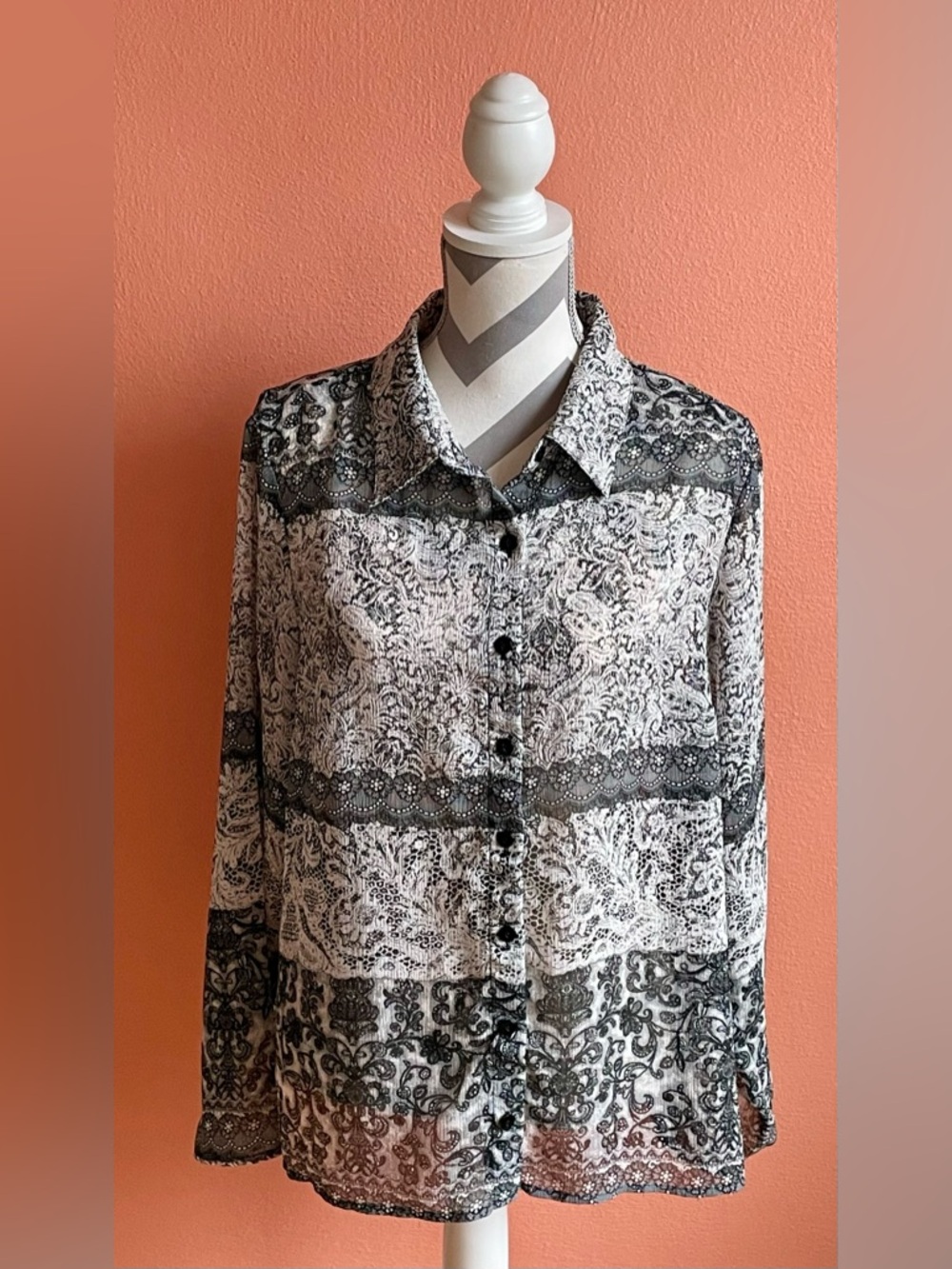 Susan Graver Black and White Paisley Lace-Print Blouse